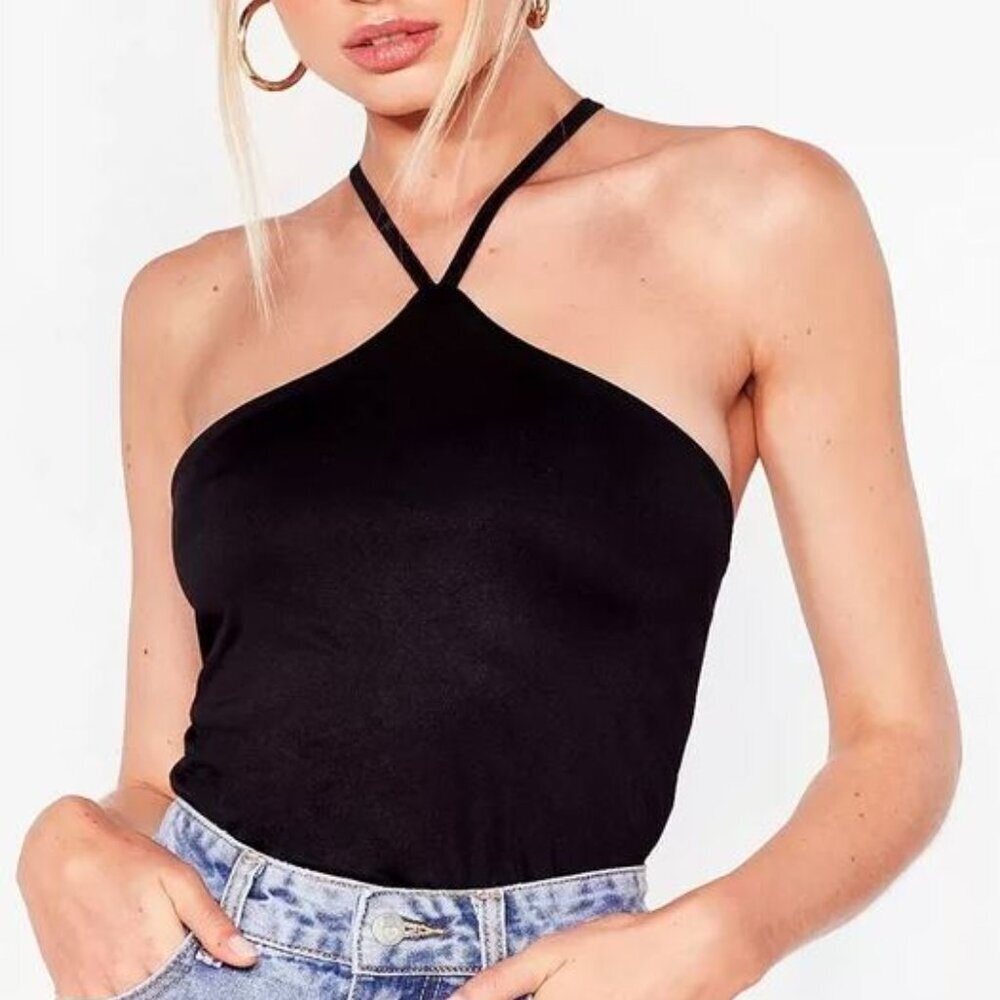 NWT Nasty Gal Black Slinky Cropped Halter Top - Size 10 - Picture 1 of 5